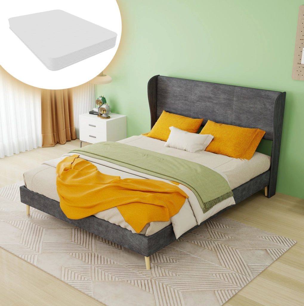 Letto Moderno Minimalista Imbottito con Testiera Morbida 140x200 cm Grigio, Base Bassa Senza Contenitore
