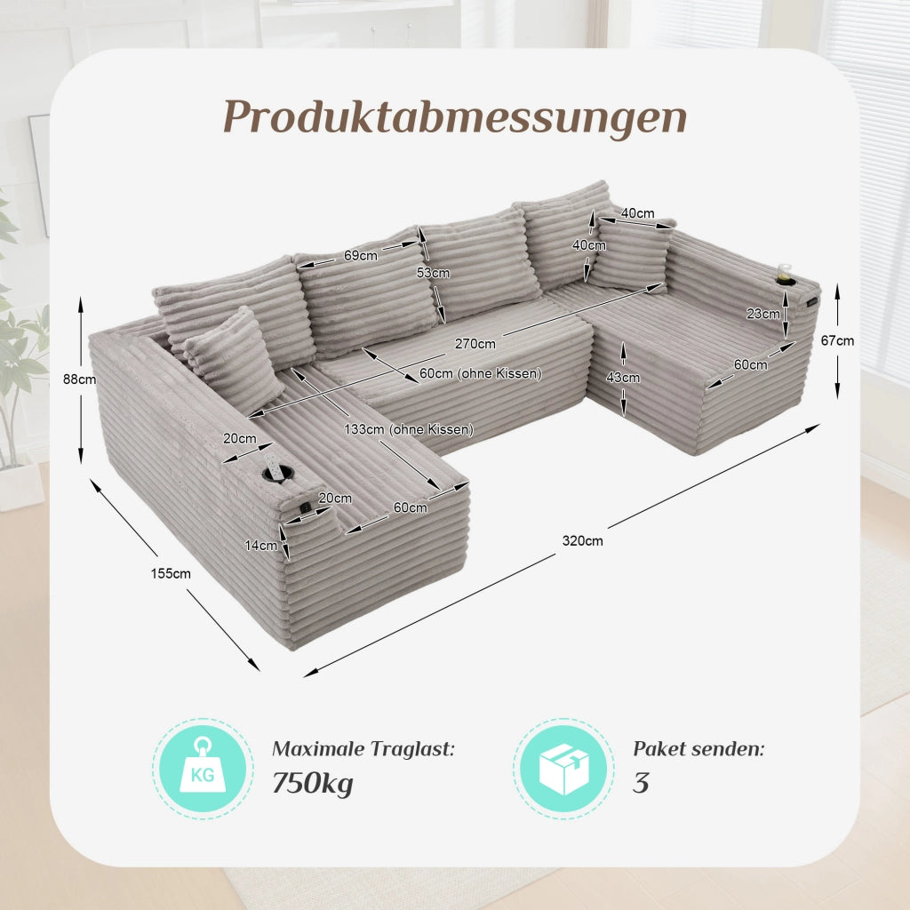 Divano modulare a U in corduroy 320x155x88 cm; grigio chiaro; con portabicchieri e tasca laterale