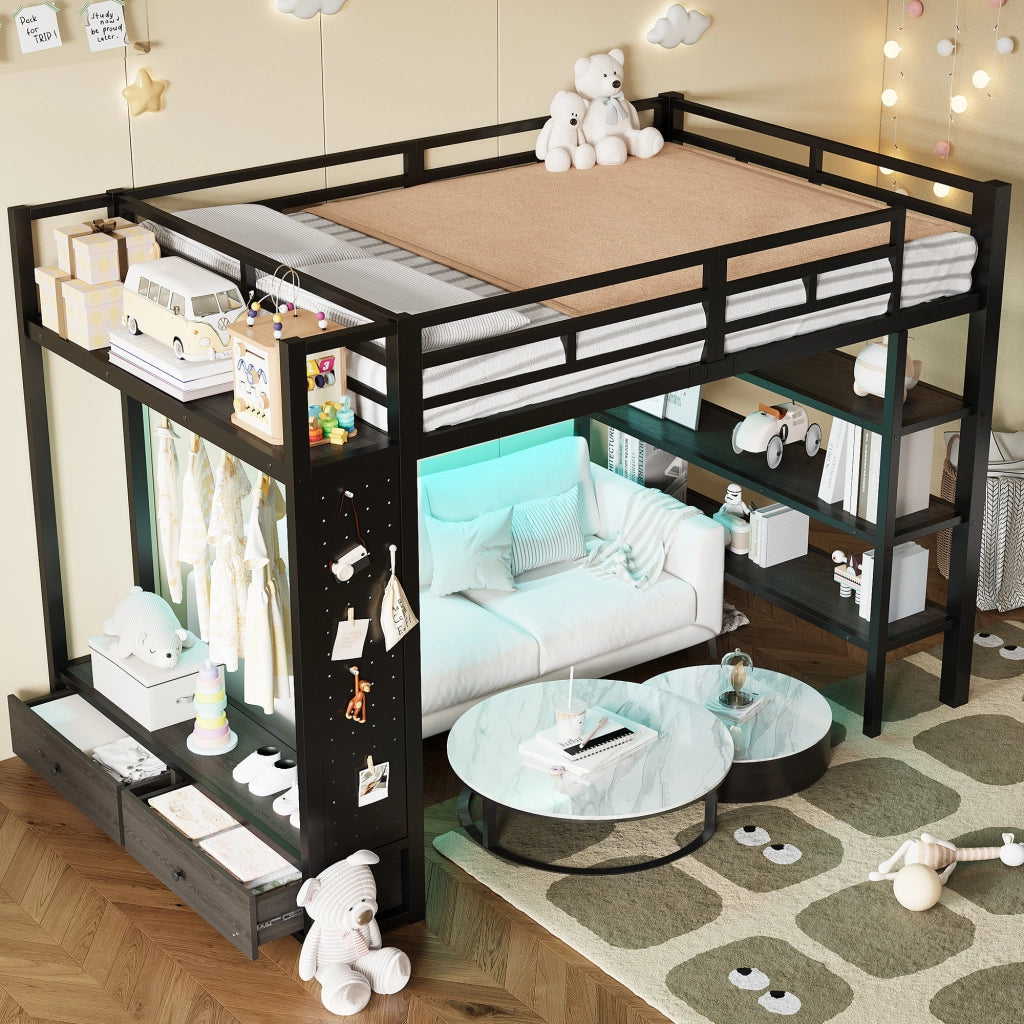 Letto a soppalco 140x200 cm con armadio aperto e LED in MDF e metallo nero