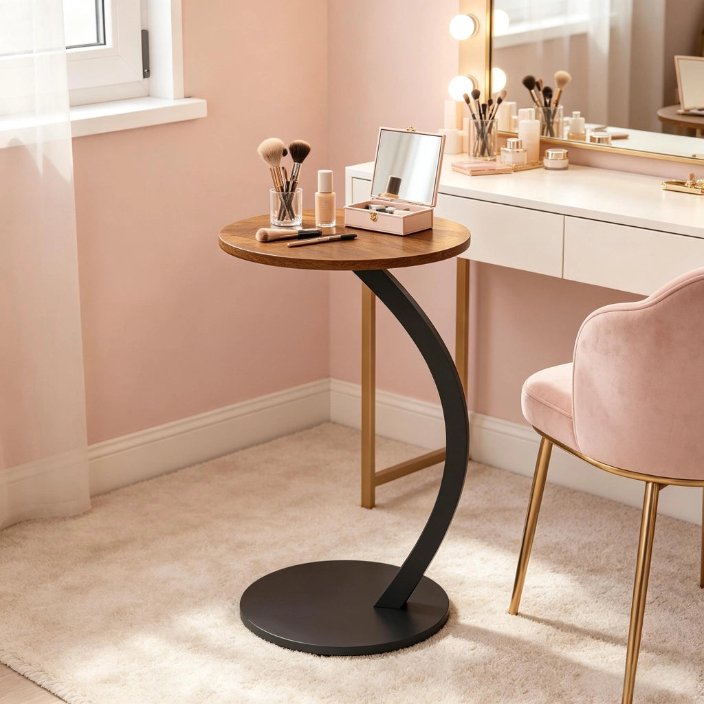 Tavolino laterale a C rotondo per divano con piano in MDF e base in metallo nero vintage diametro 40 cm