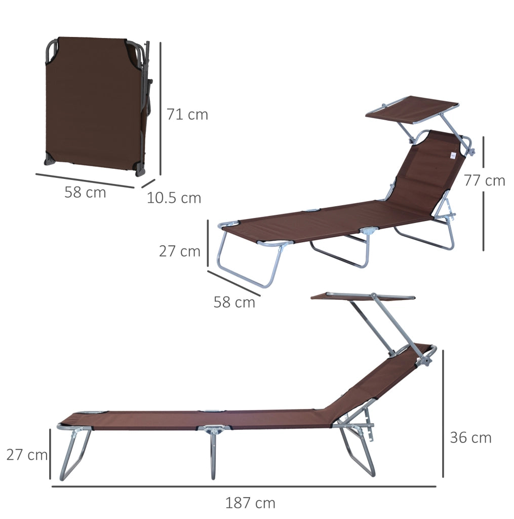 Sdraio da giardino pieghevole con tettuccio parasole marrone 187x58x36 cm per terrazza e balcone