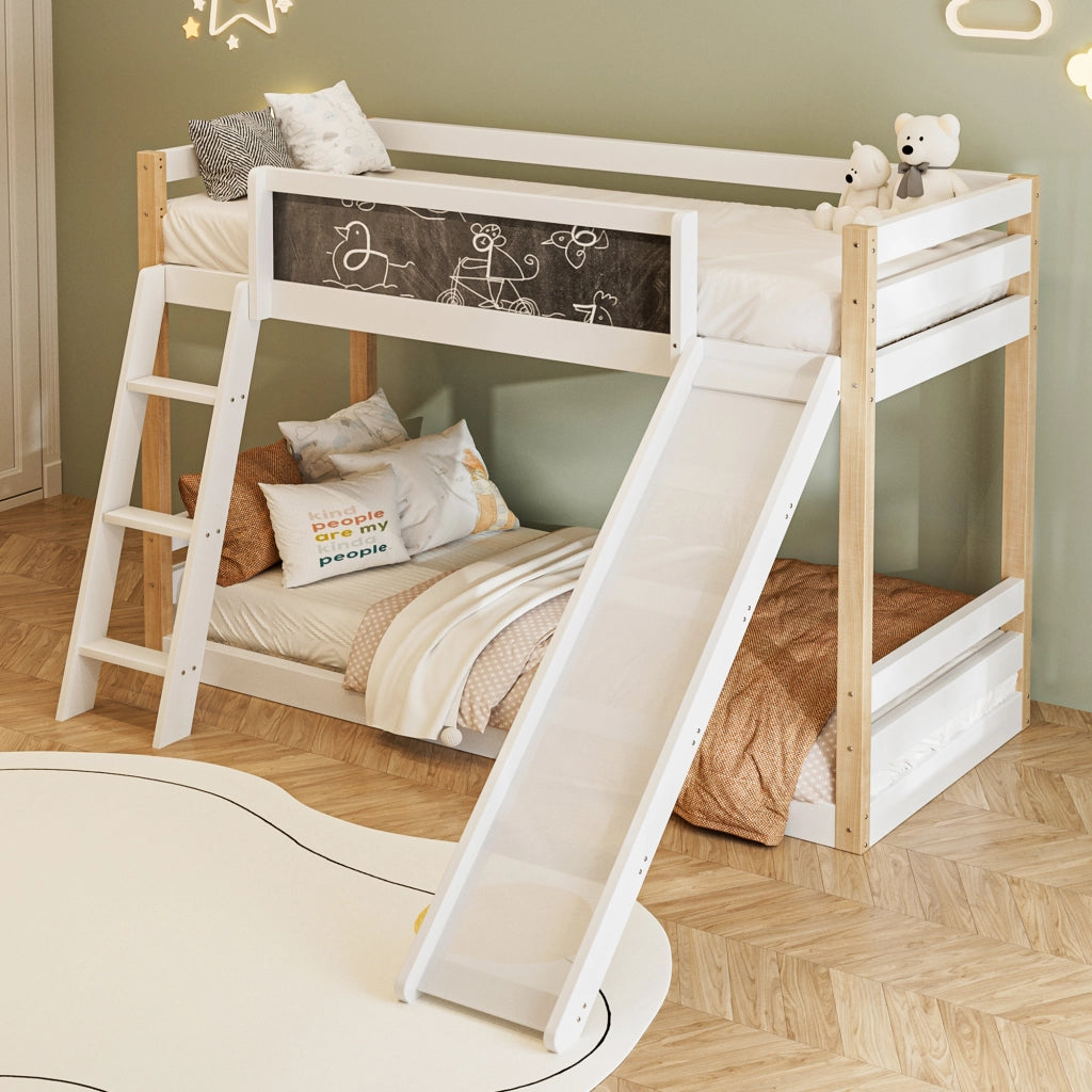 Letto a castello per bambini con scivolo e scala; 90x200 cm; bianco