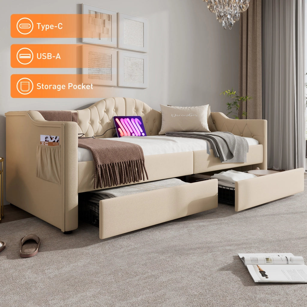 Letto singolo con due cassetti 90 × 200 cm con porte USB e Type-C rivestito in velluto beige senza materasso