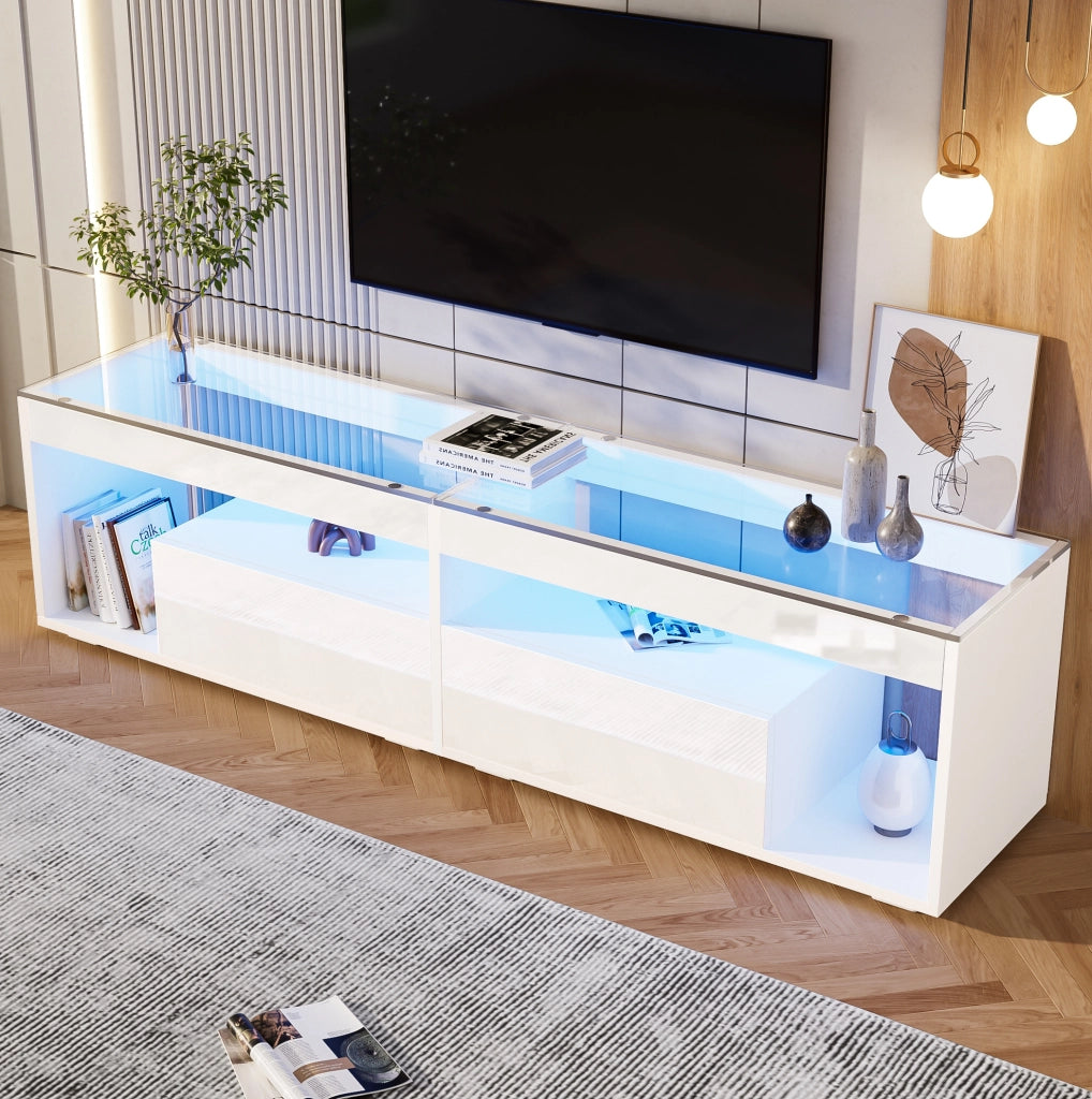Mobile TV LED 180x40x46 cm con 2 cassetti e ripiani in vetro temperato bianco HOMVRA