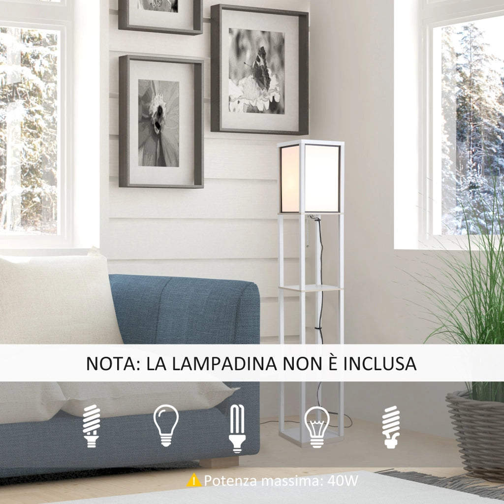 Lampada da Terra 40W con 3 Mensole e Interruttore a Tirante, in Legno e PS, 26x26x160 cm, Bianco