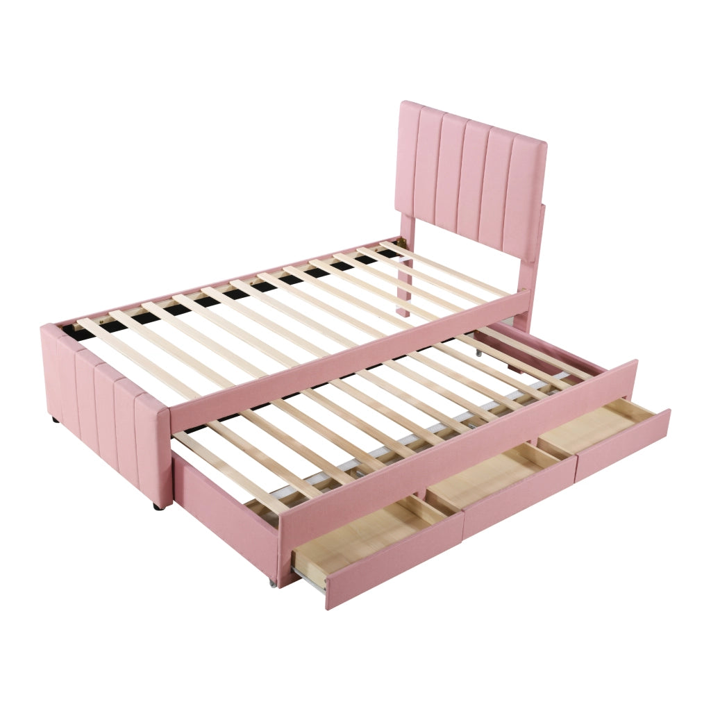 Letto imbottito 90x200 cm con letto estraibile e 3 cassetti in cotone e lino rosa