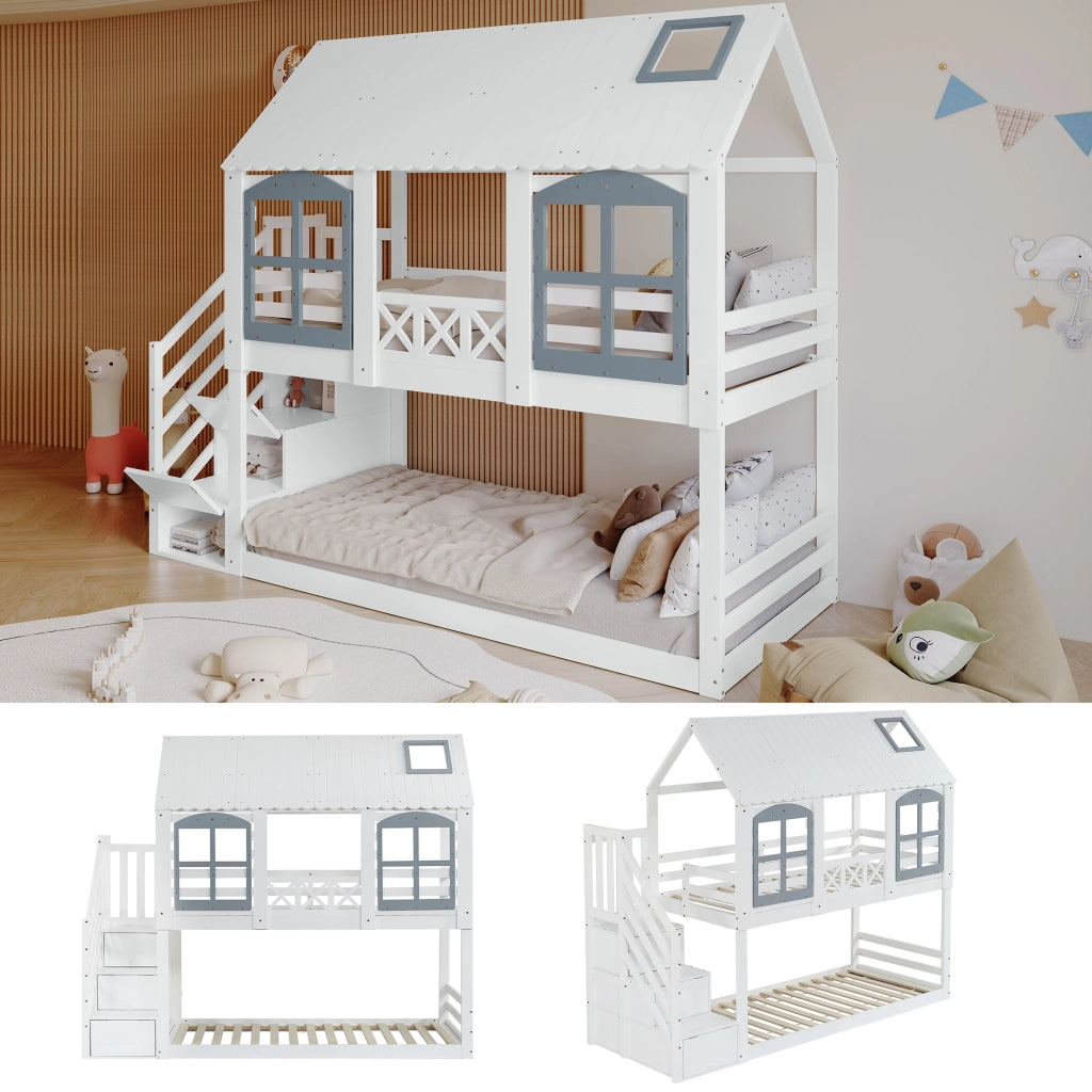 Letto a castello per bambini 90x200 cm in pino e MDF; a casetta con tetto; finestre e scala contenitore; bianco e grigio