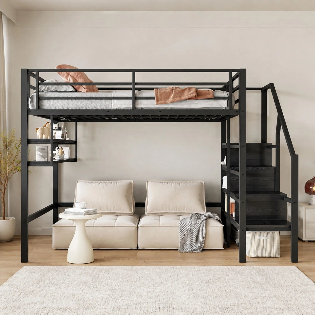 Letto a soppalco 140 × 200 cm con scaffali e scala contenitore in metallo e MDF nero