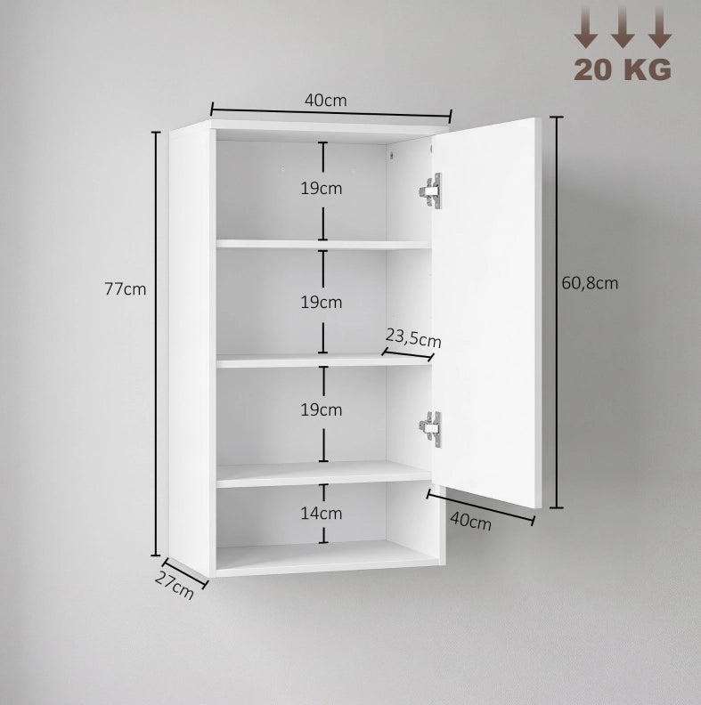 Mobile bagno sospeso bianco con anta, ripiani regolabili e vano aperto