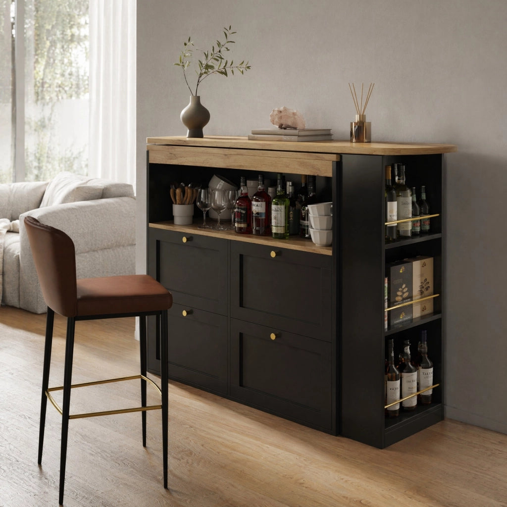 Mobile contenitore a L con 4 cassetti e scaffale laterale girevole a 360° in MDF nero 105 × 39 × 102 cm
