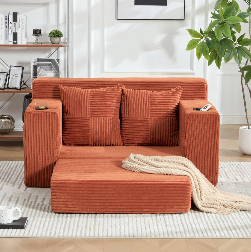 DIVANO Pouf 151x133x64 cm in velluto a coste arancione con 2 cuscini