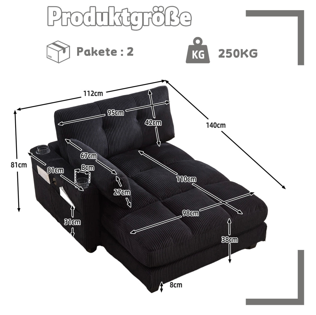 Poltrona lounge in velluto a coste nera con USB e portabevande