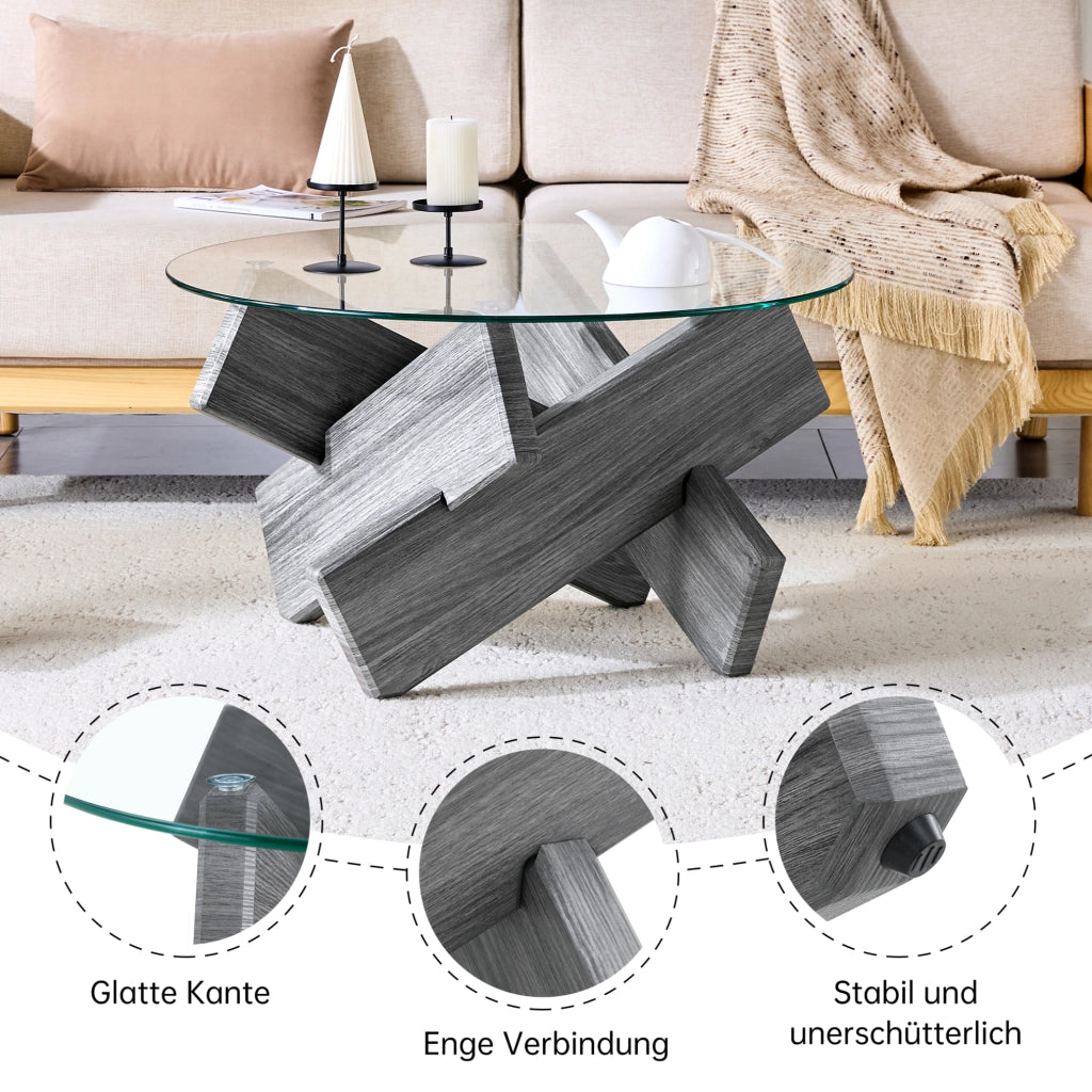 Tavolino da caffè rotondo ? 79 cm in vetro e MDF grigio; supporto incrociato