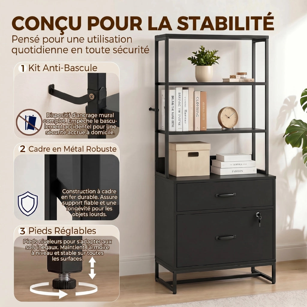 Mobile Archivio Ufficio con 2 Cassetti con Serratura e Libreria Schedario per Formato A4 e Letter Nero