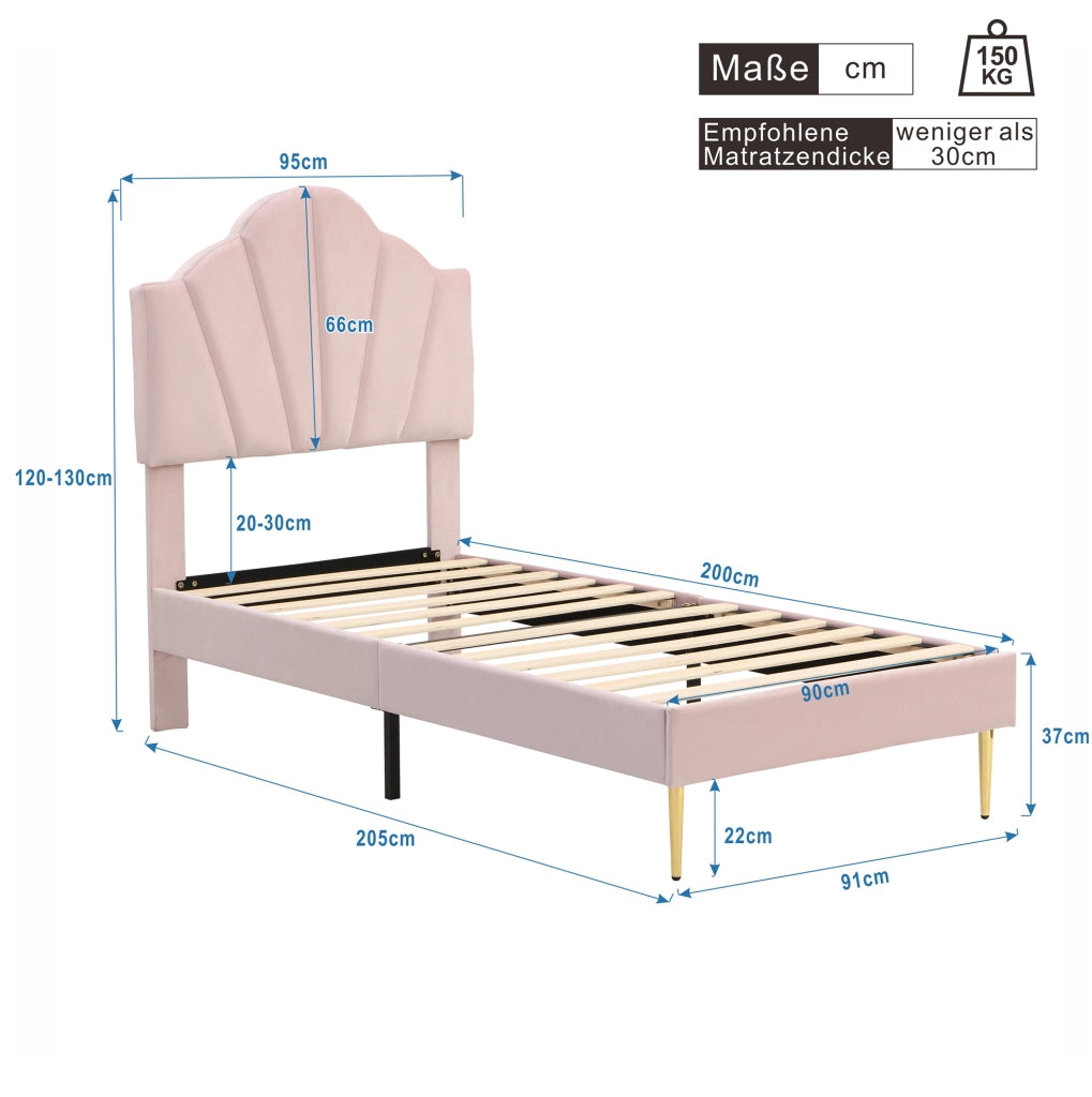Letto singolo 90x200 cm in velluto rosa; testiera regolabile e gambe in ferro dorato