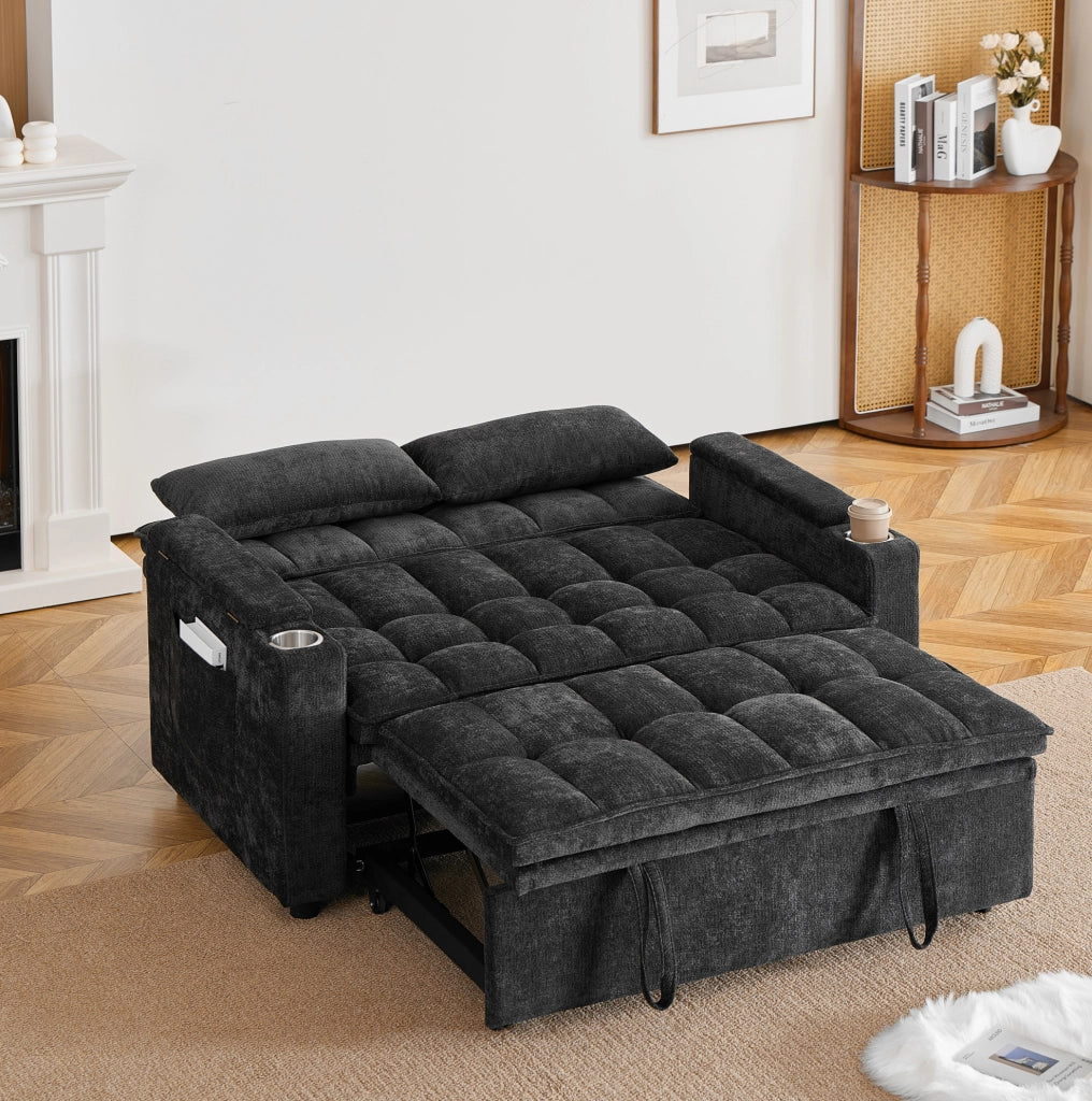 Divano letto 3 in 1 142x89x89 cm in ciniglia nera con contenitore