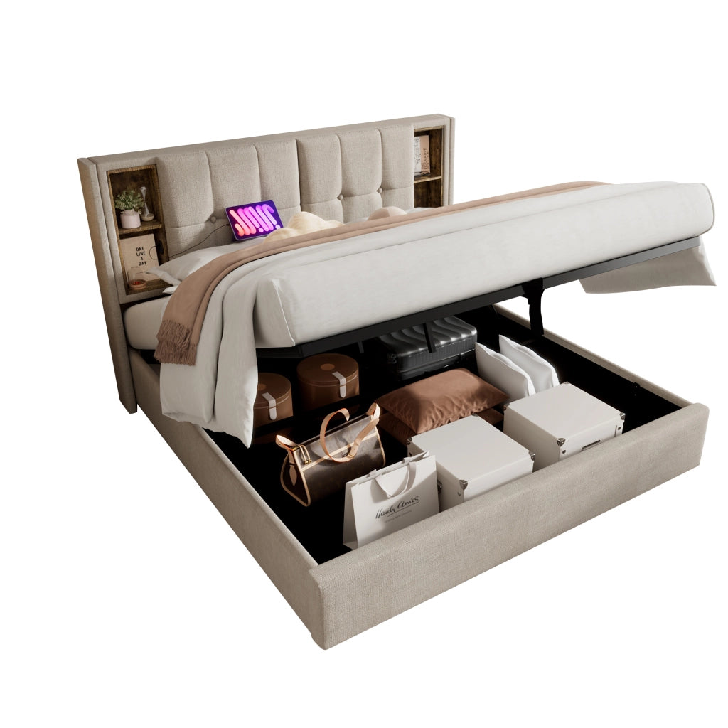 Letto matrimoniale imbottito 160 ¡Á 200 cm con vano contenitore ricarica wireless USB e USB C in lino naturale