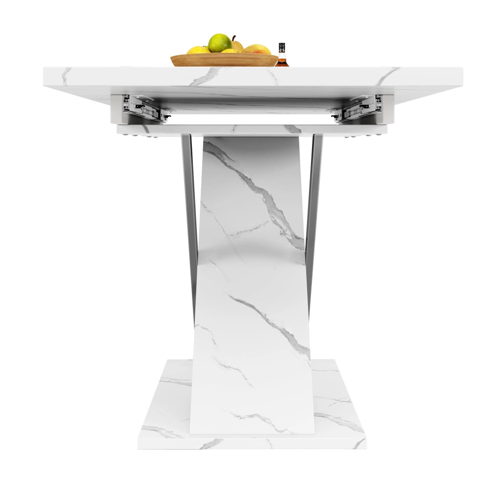 Tavolo allungabile da pranzo con piano effetto marmo e gambe incrociate bianco 118-157 × 75 × 76.4 cm