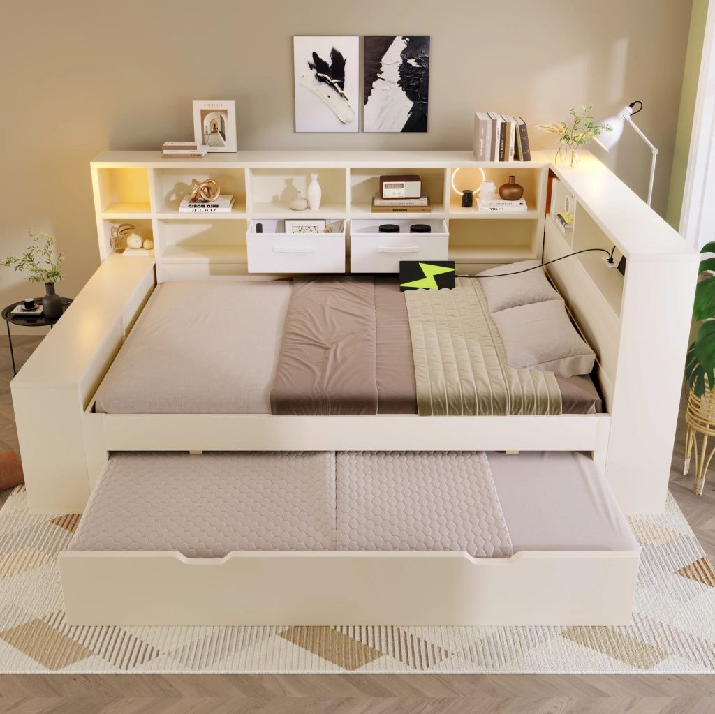 Letto 140x190 con letto estraibile, vani contenitore e prese USB/Type-C, bianco
