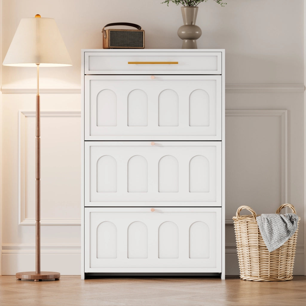 Scarpiera con 6 vani aperti e cassetto in MDF bianco dal design minimalista per ingresso e ufficio 70 × 25 × 123.5 cm
