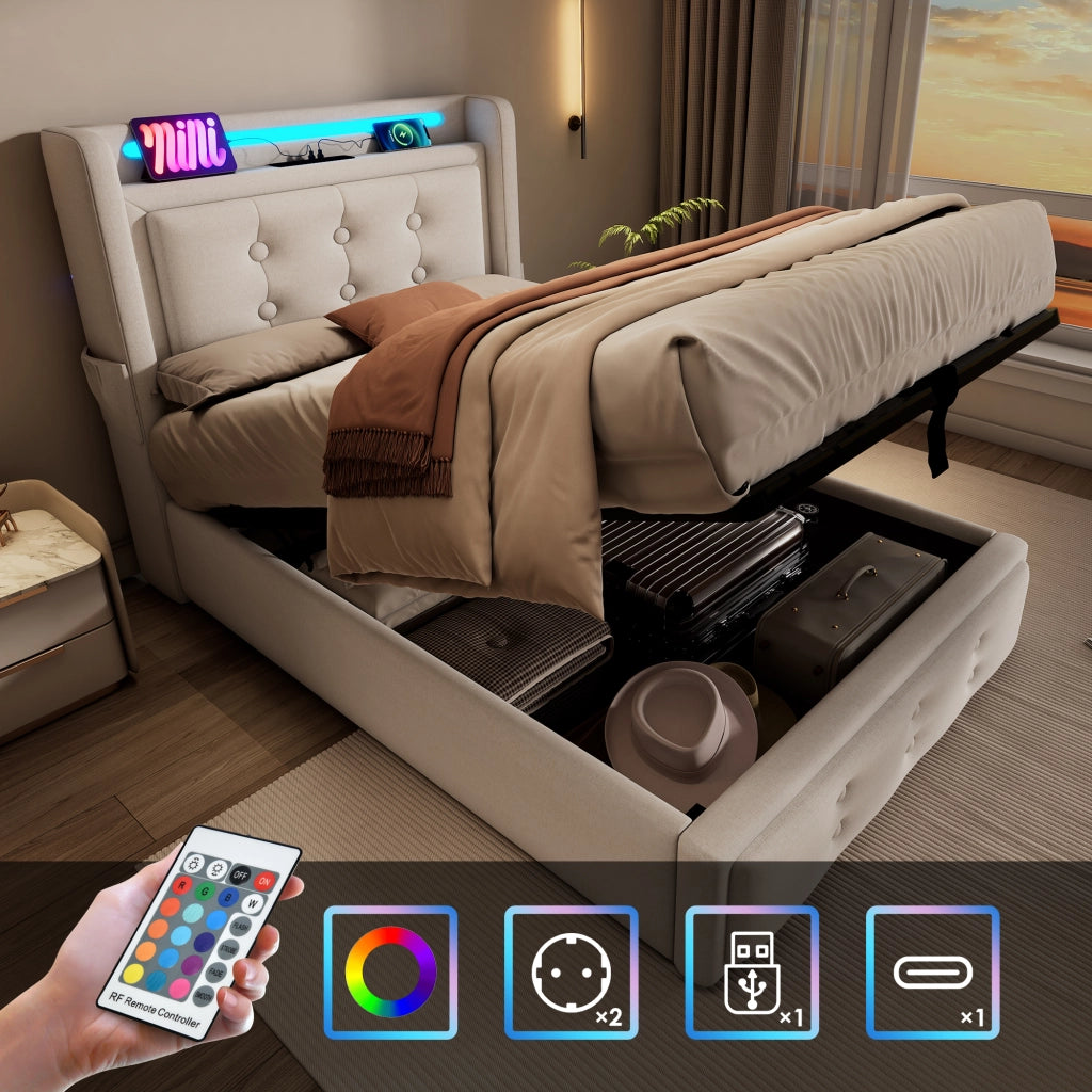 OKWISH Letto contenitore 90×200 cm, Letto Singolo con LED Regolabile, USB, Tipo C e Prese, senza Materasso, in Cotone Lino, Beige