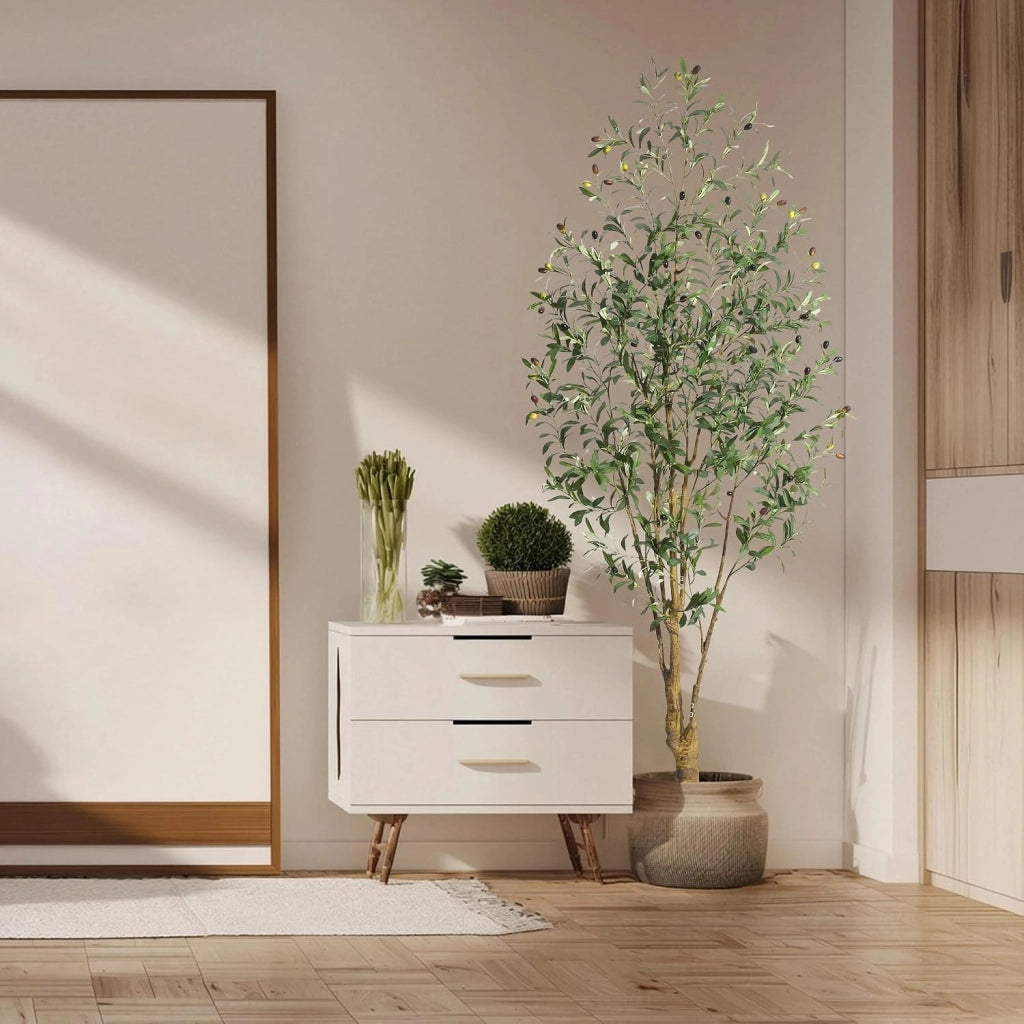 Olivo Artificiale con Tronco Curvo Foglie in Seta Olive e Vaso Decorativo