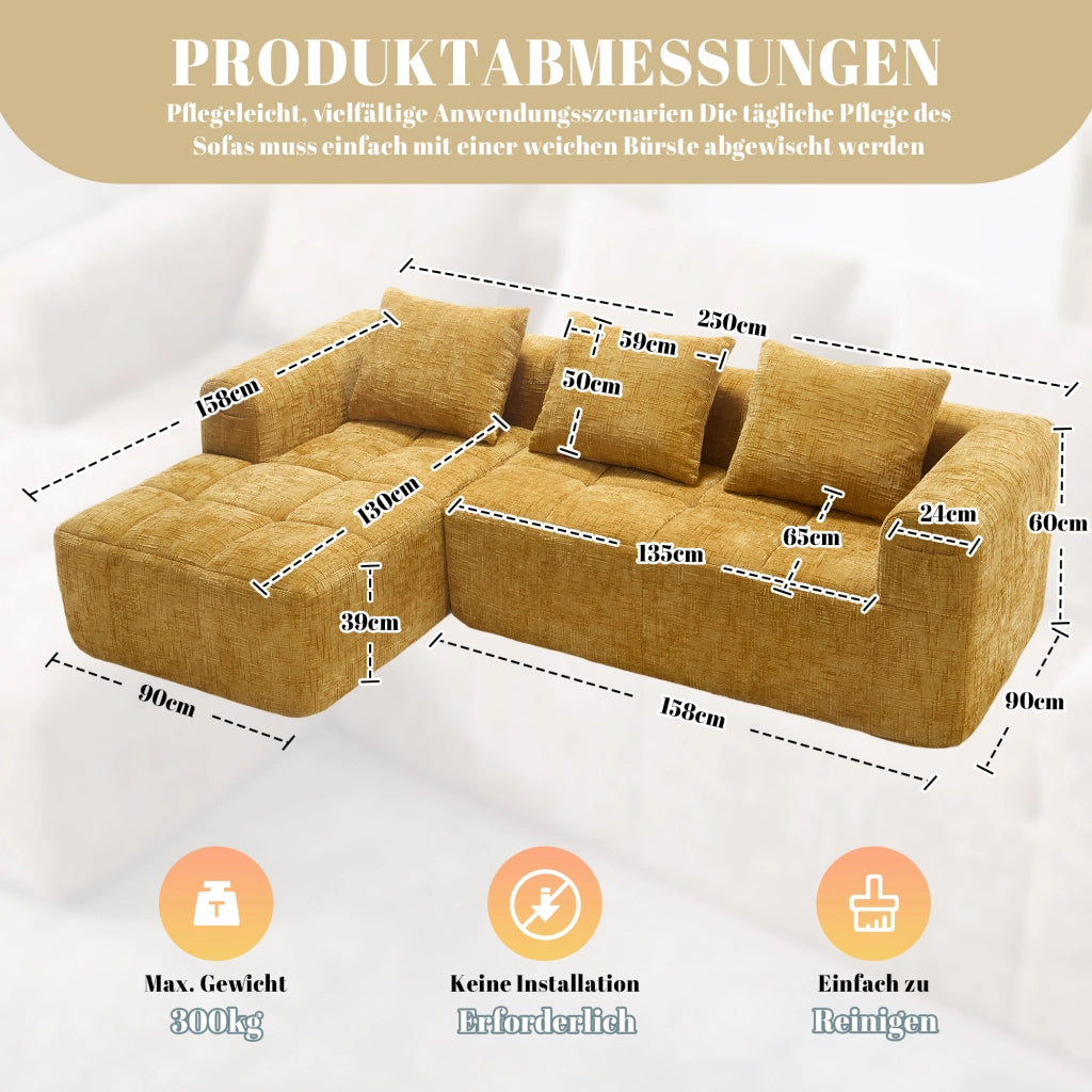 Divano modulare con chaise longue e tasche laterali in ciniglia gialla