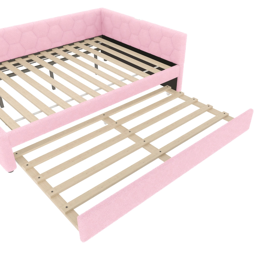 Letto da giorno 140x200 cm con letto estraibile, USB e USB-C, in MDF rosa