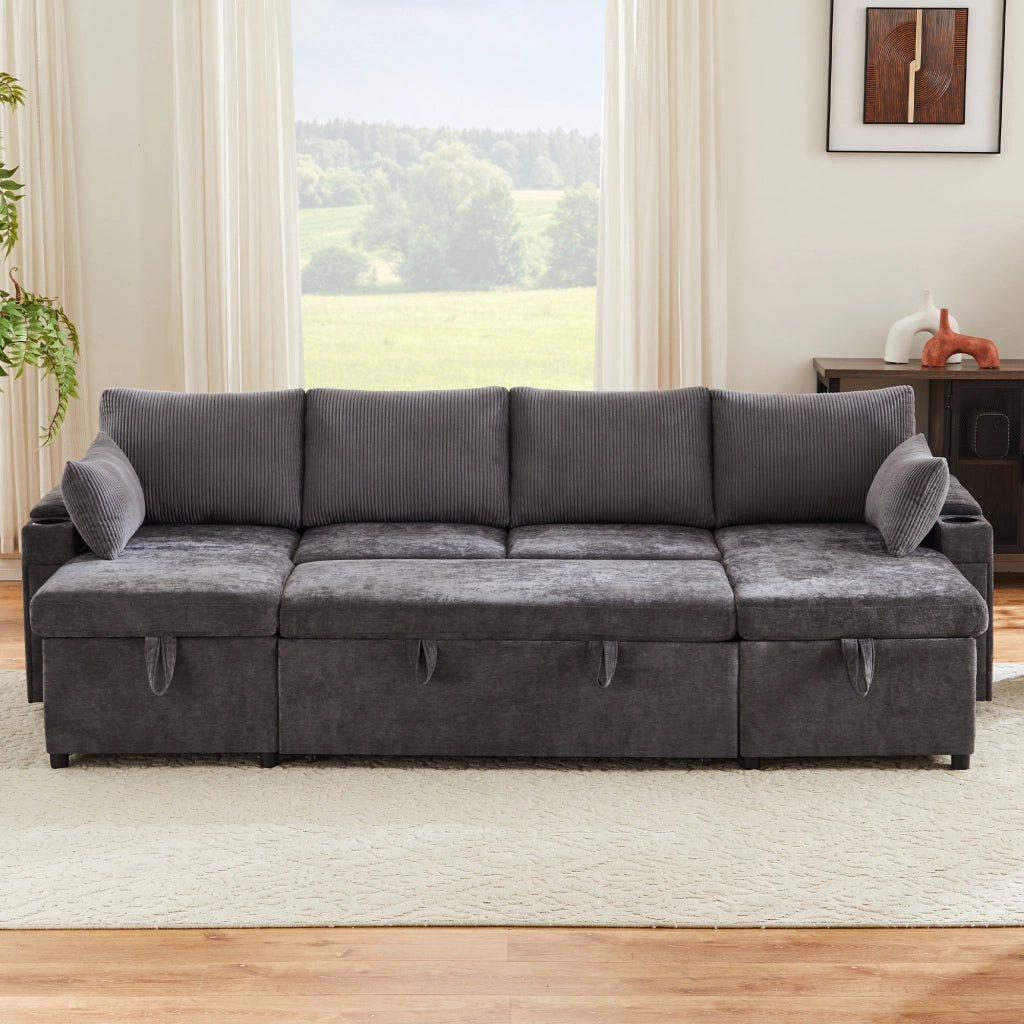 Divano letto modulare a U 4 posti con portabicchieri e contenitore; grigio