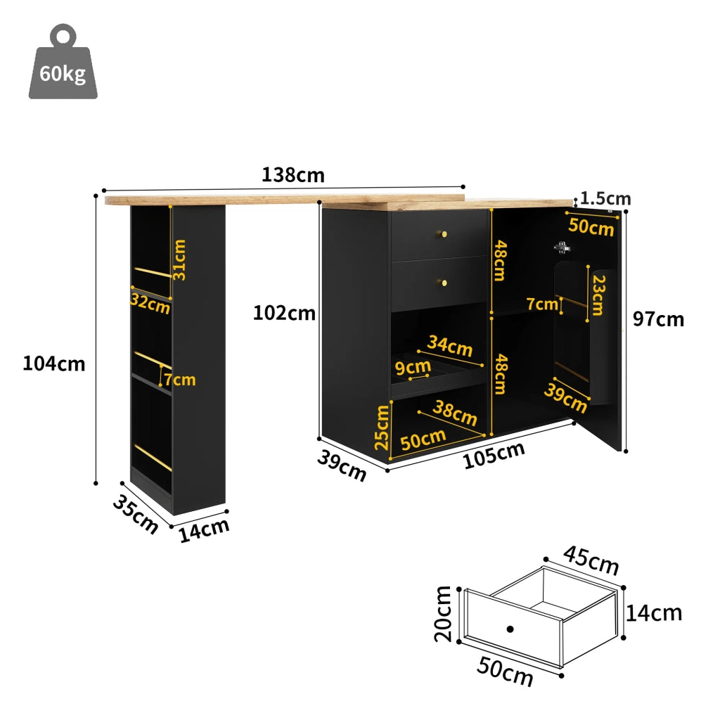Bartisch girevole 105x39x102 cm, 2 cassetti e anta scorrevole, 3 ripiani aperti. Per sala da pranzo, studio o soggiorno