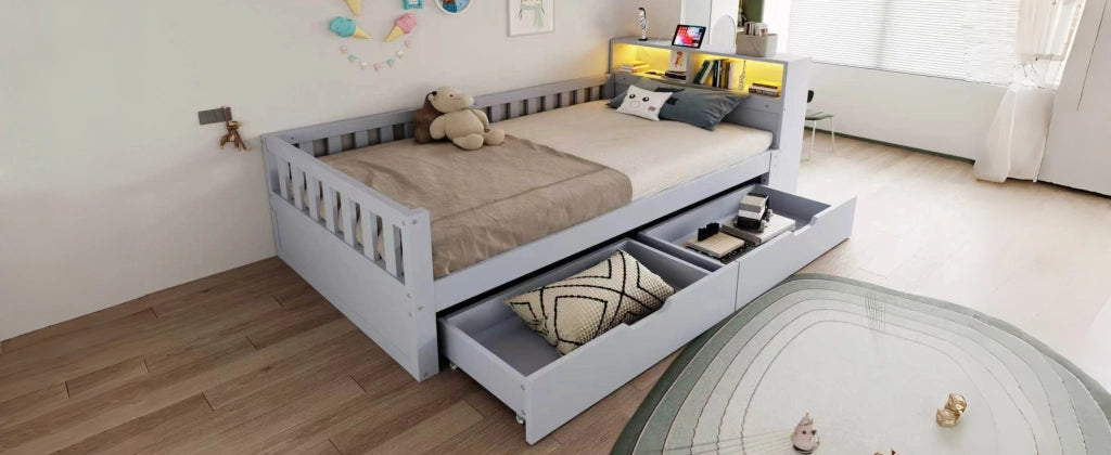 Letto singolo 90x200 cm grigio con cassetti; vani portaoggetti; sponde; LED e presa
