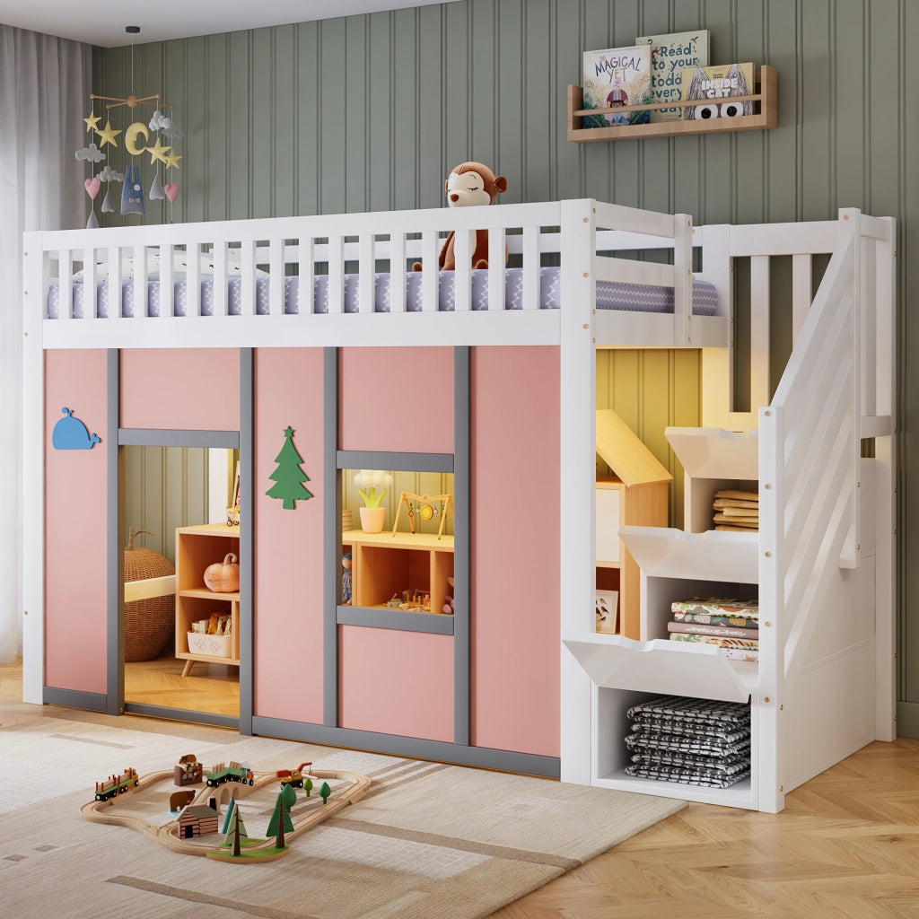 Letto a soppalco per bambini 90 × 200 cm con scala contenitore, LED, pino e MDF, bianco e rosa