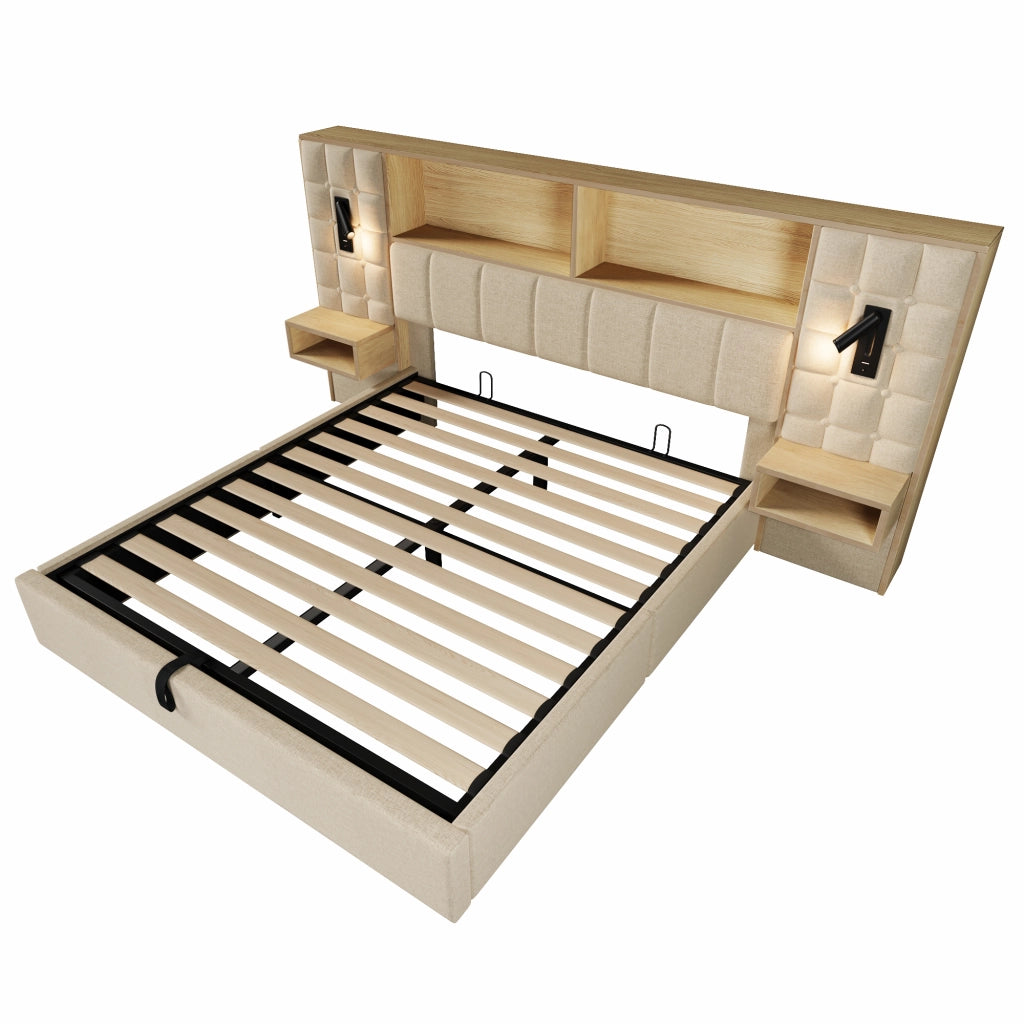 Letto contenitore matrimoniale 160 × 200 cm con LED; 2 lampade da lettura; USB e Type-C; senza materasso; beige