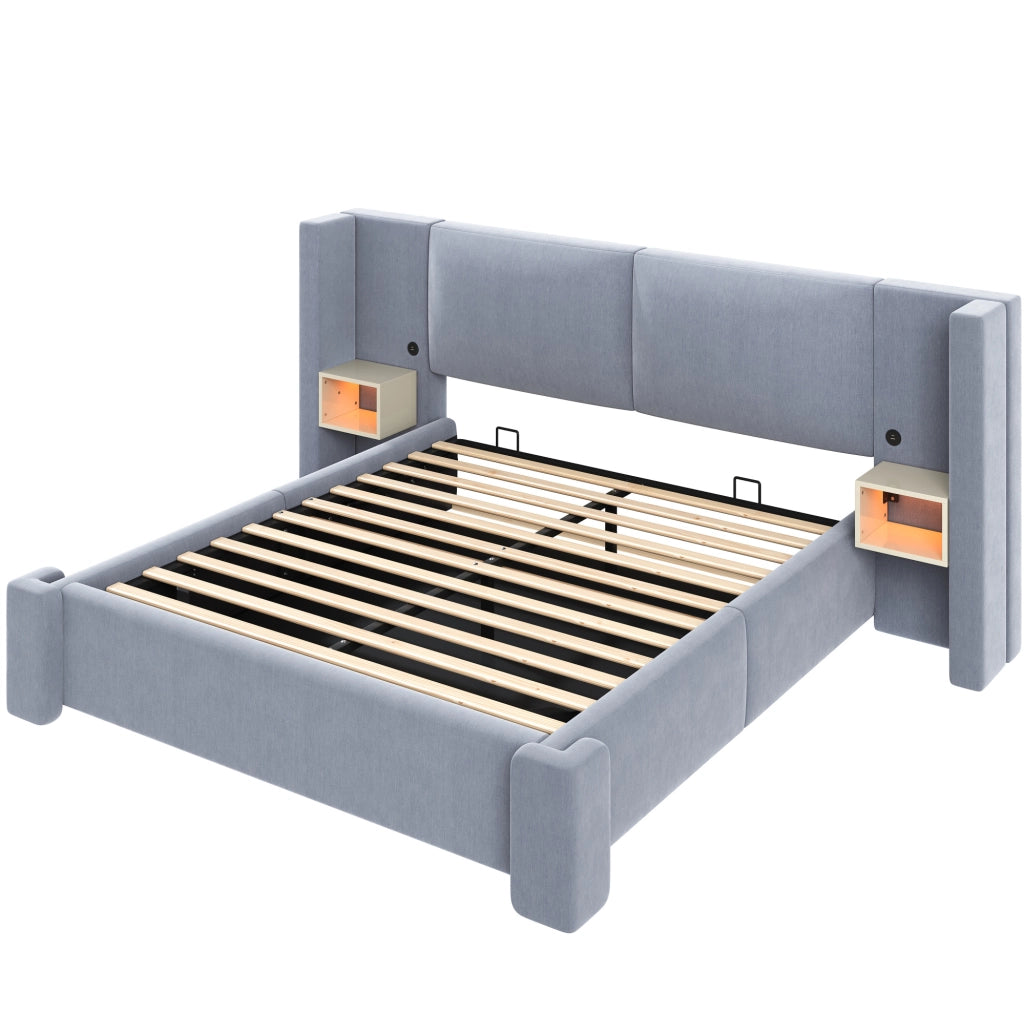 Letto matrimoniale 180x200 cm imbottito in lino grigio con contenitore idraulico e LED HOMVRA