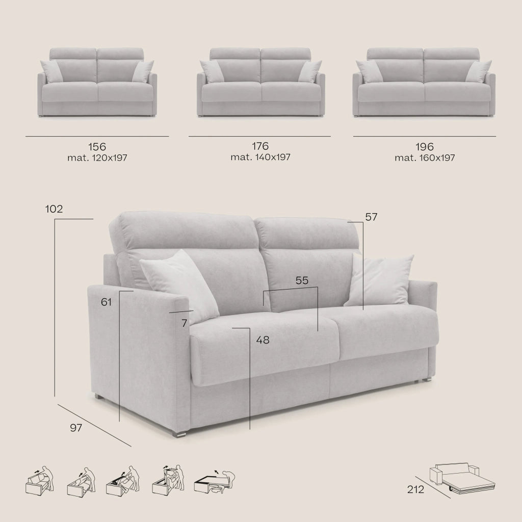 Margot Divano letto matrimoniale con schienale morbido alto in tessuto T02 196 cm (mat. 160x197) marrone