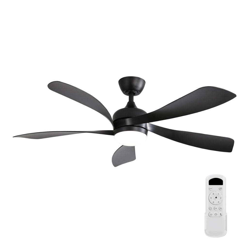 Ventilatore da soffitto 52 pollici con luce LED 18 W dimmerabile; motore DC reversibile; nero; con telecomando