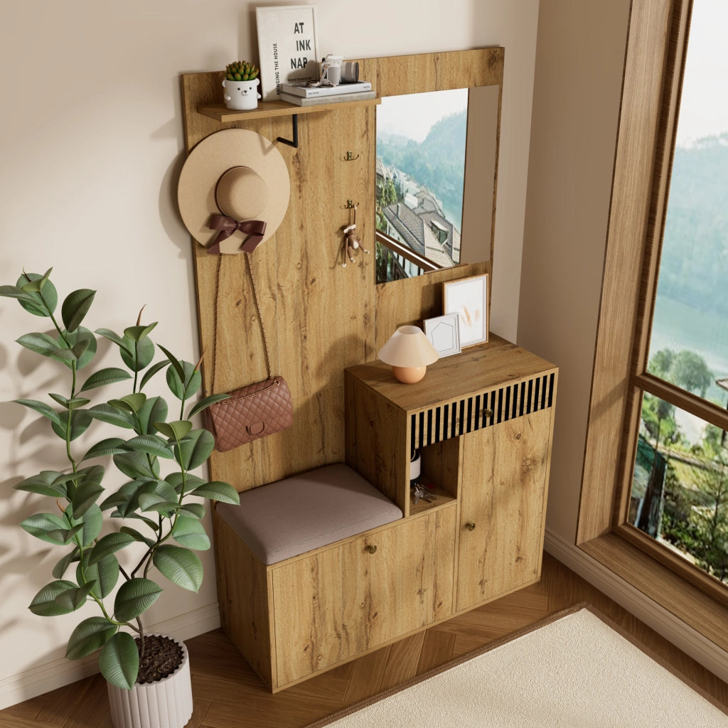 Mobile da ingresso con specchio, seduta imbottita, ganci e ripiani aperti, in MDF nero e legno, 110 × 37 × 185.5 cm