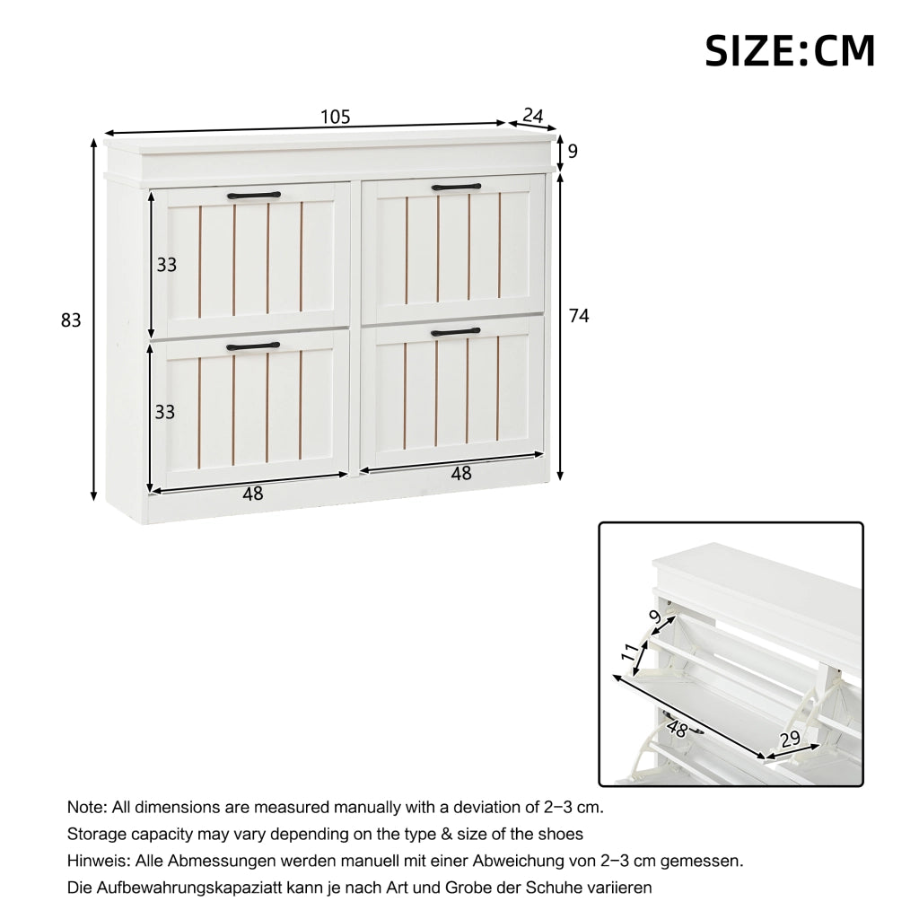 Scarpiera per ingresso con 4 ante a ribalta e 8 ripiani regolabili in MDF bianco 105 × 24 × 83 cm