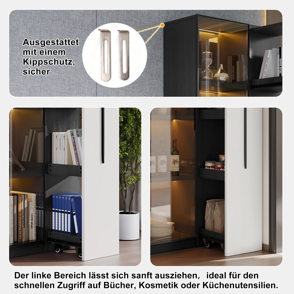 Vetrina con frontale in vetro LED e cassetto estraibile laterale in MDF per soggiorno e cucina 70 × 40 × 160 cm