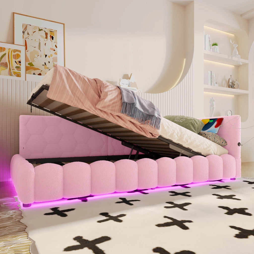 Letto da Giorno 90x200 cm in velluto con Contenitore Idraulico; LED; USB-C Rosa