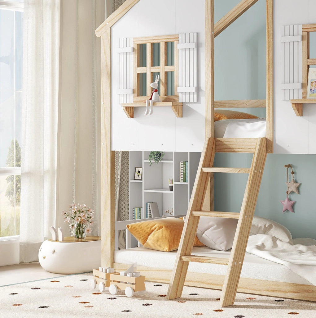 Letto a castello per bambini 90x200 cm bianco naturale con tetto, finestre e scala