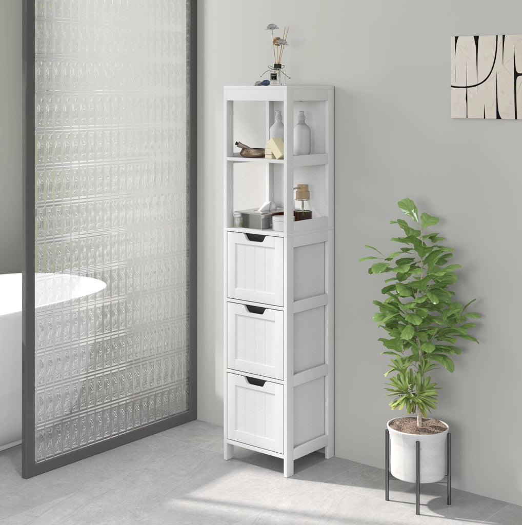 Mobiletto da bagno alto bianco con 3 cassetti e 2 ripiani aperti, 30x30x142,4 cm