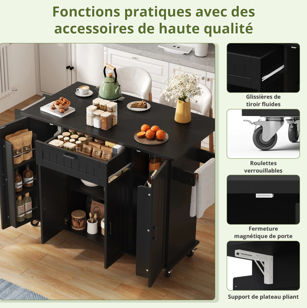 Carrello da cucina 120x45x95 cm con piano ribaltabile e 5 ruote in MDF; nero
