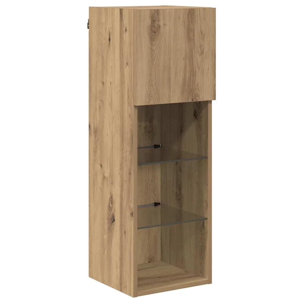 Mobile TV rettangolare a parete con luci a LED e sportello di accesso a cerniera 30,5 x 30 x 90 cm realizzato in legno di rovere composito finitura artigianale 02_0052812