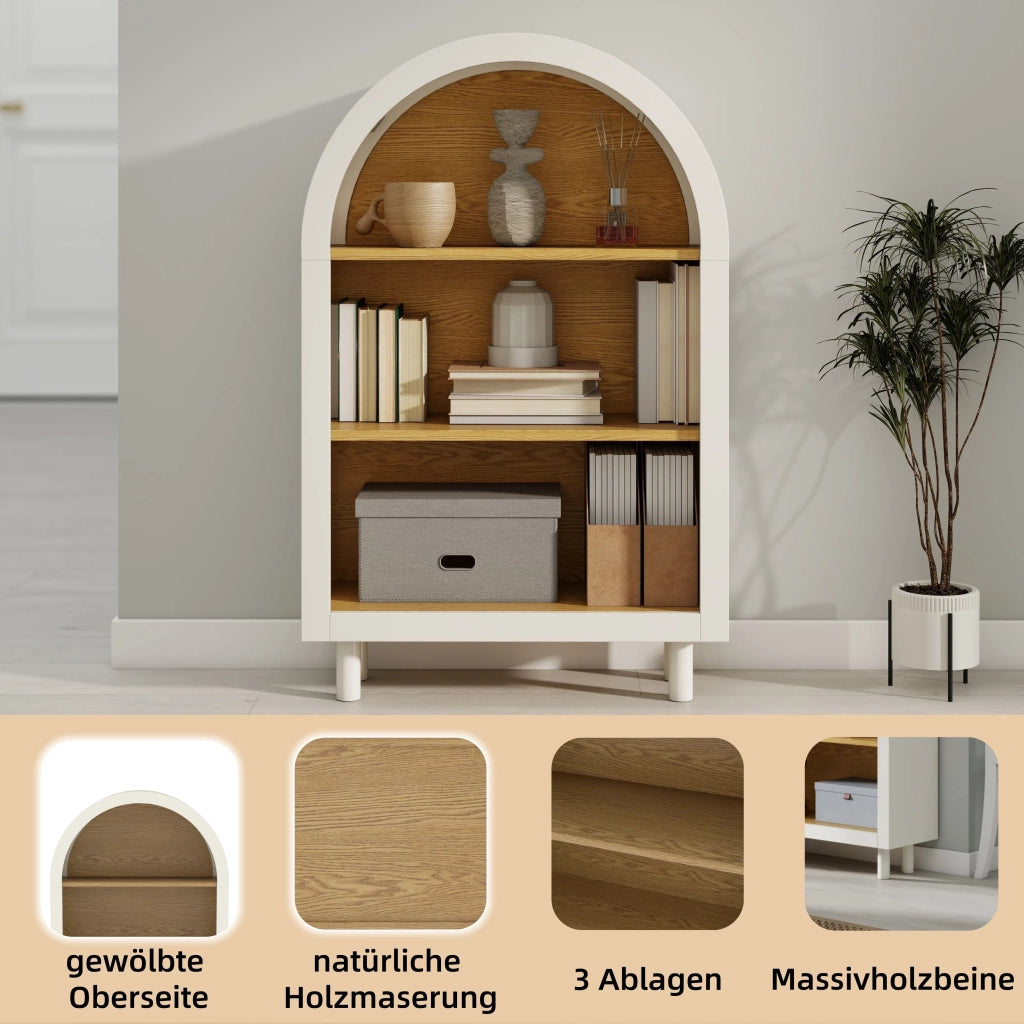 Libreria con vano portaoggetti, design moderno con bordo superiore arcuato, 3 ripiani, bianco effetto legno, per soggiorno, camera da letto e ingresso