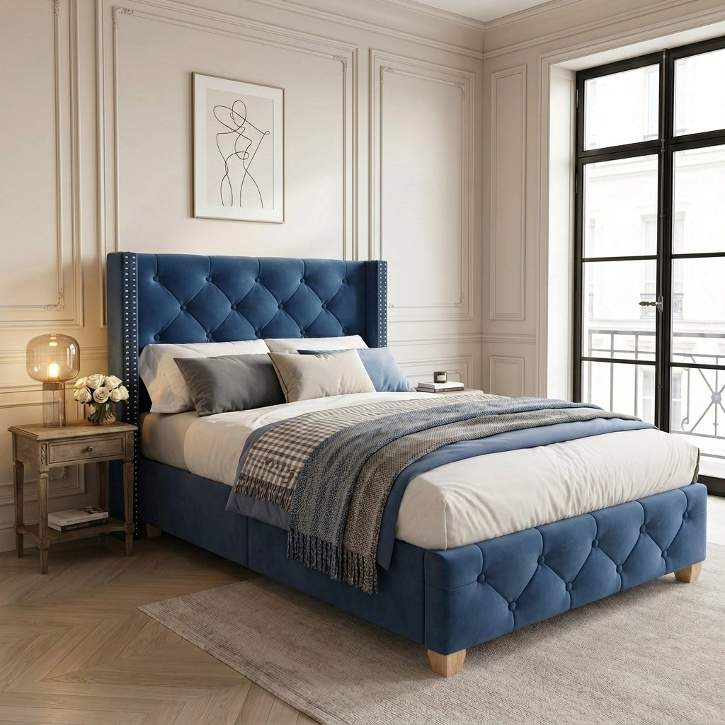 Letto per bambini imbottito 90x200 cm con rete a doghe; testiera capitonné e velluto blu