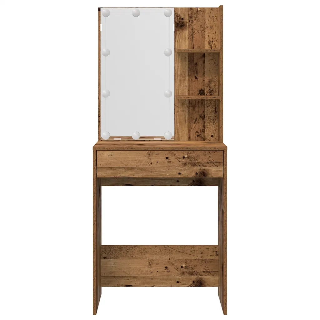 Set Tavolo da Toeletta | Tavolo da Trucco con LED Legno Antico Legno Multistrato