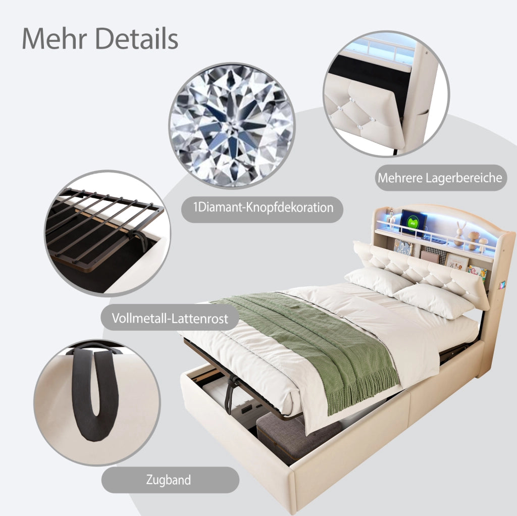 Letto imbottito per bambini 90x200 con LED e prese USB