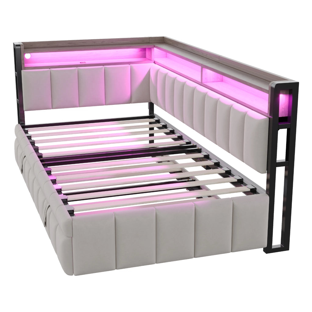 Letto con letto estraibile 90 × 200 cm con secondo letto 90 × 190 cm LED USB e Type-C rivestito in velluto grigio