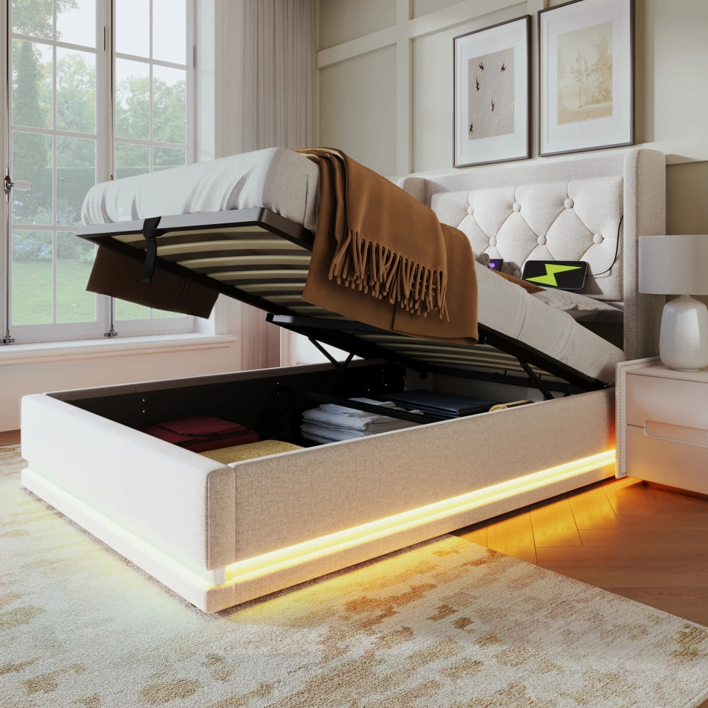 Letto contenitore 90 × 200 cm con sollevamento idraulico testiera imbottita USB Type-C e LED beige in cotone